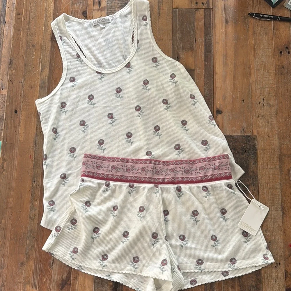 PJ Salvage Cream and Pink Pajama Set with Floral Accents - Picture 2 of 2